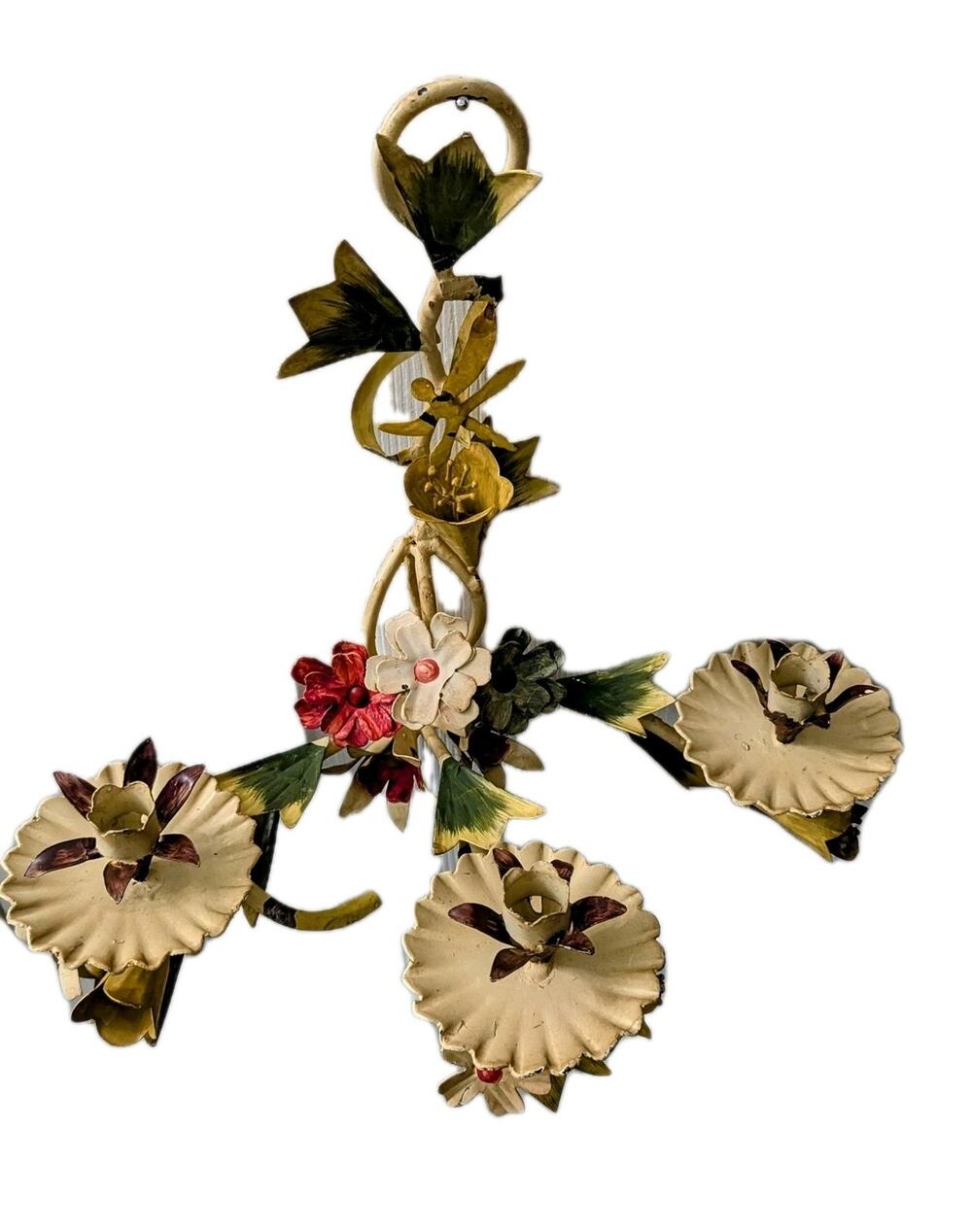 Vintage Italian Tole Floral 3 Arm Sconce Multicolor Flower Garden Chippy Shabby